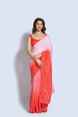 Women Party Wear Designer Peach & Off white Colour Vichitra Silk Fabric Sequence Embroidery Worked Saree Collection