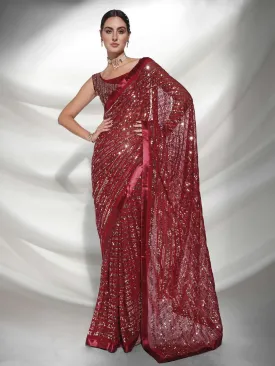 Women Party Wear Designer Sequence Worked Maroon Colour Georgette Saree Collection