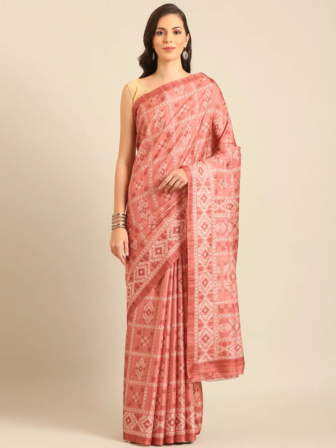Women Peach Cotton Saree With Un Stitched Blouse