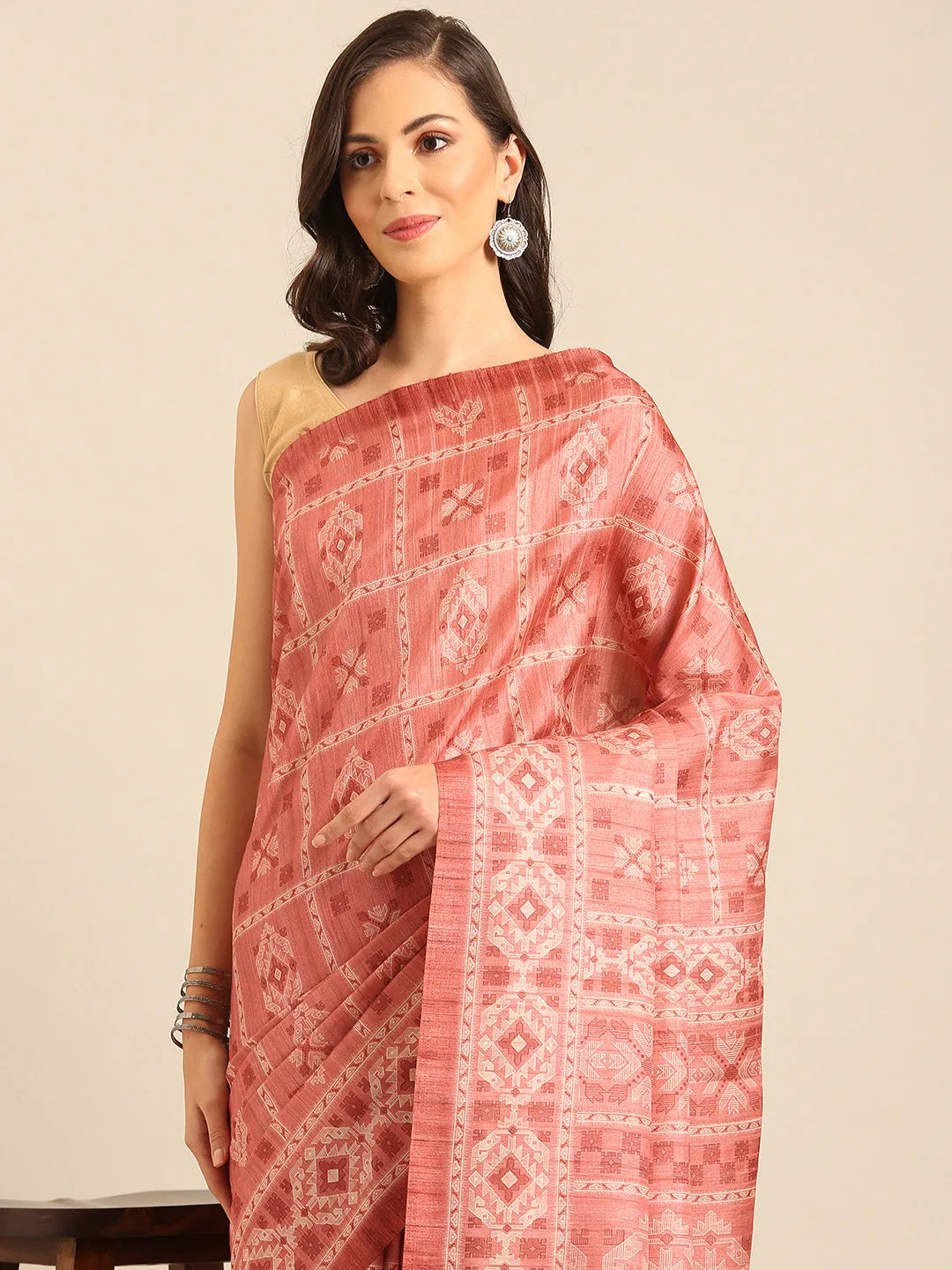 Women Peach Cotton Saree With Un Stitched Blouse