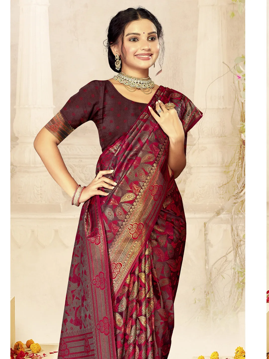 Women Purple Satin Silk Saree With Un Stitched Blouse