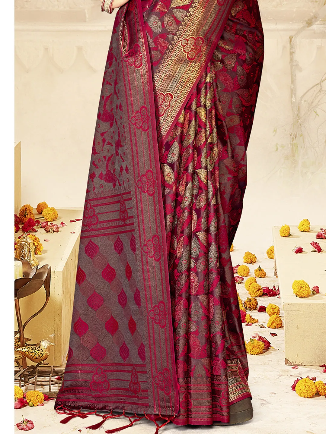 Women Purple Satin Silk Saree With Un Stitched Blouse