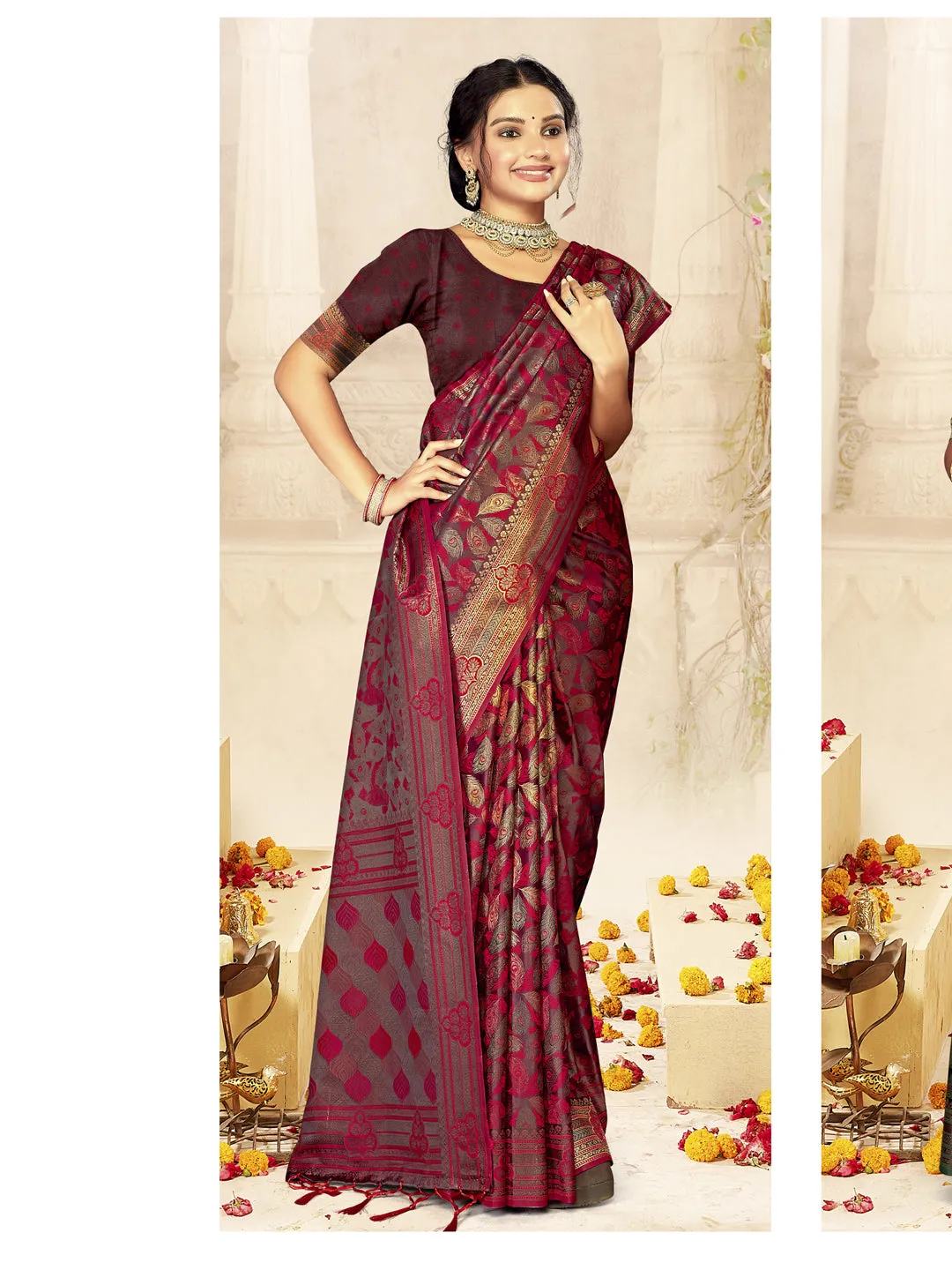 Women Purple Satin Silk Saree With Un Stitched Blouse