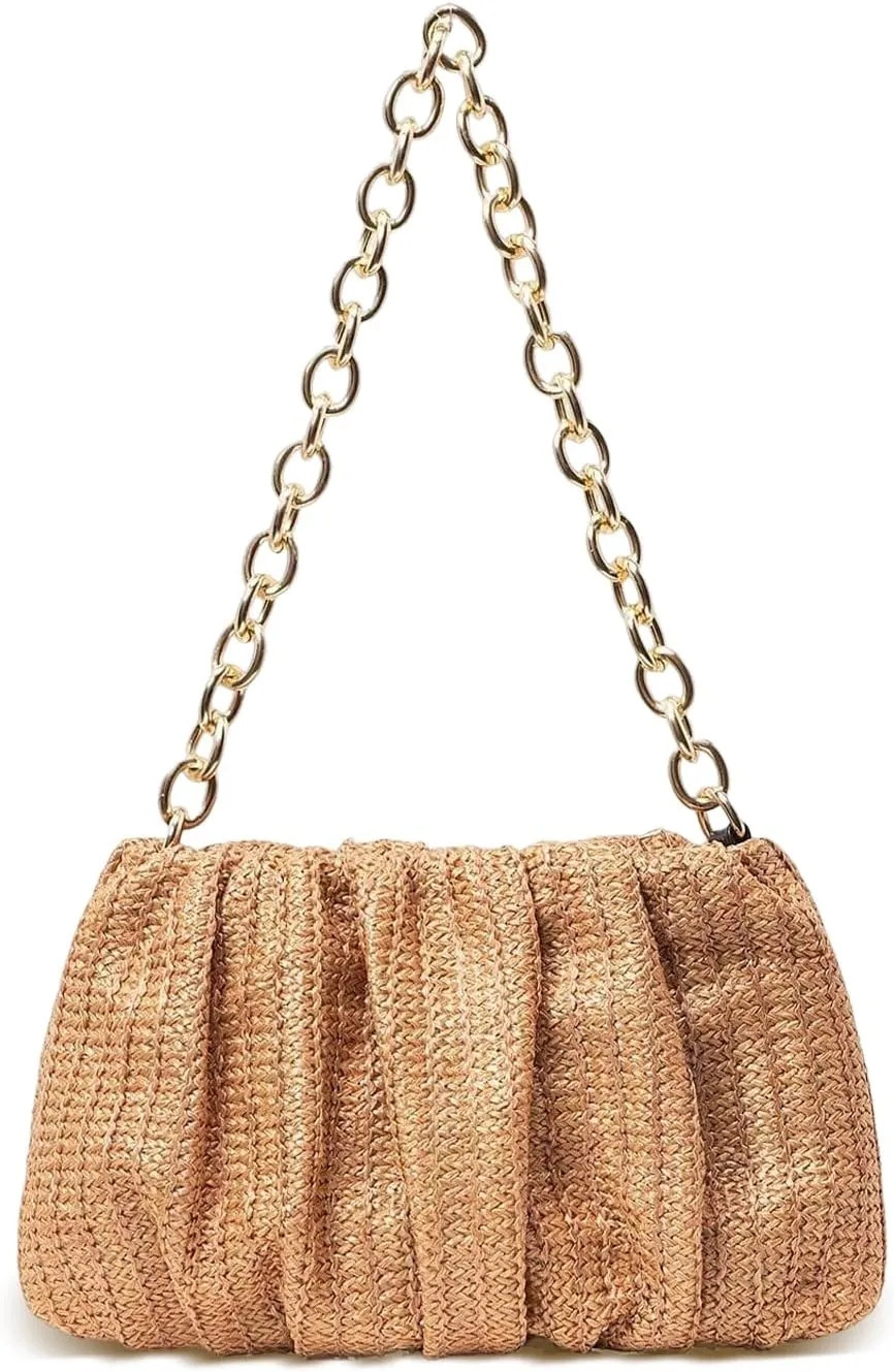 Womens Straw Clutch Purse Woven Shoulder Bag Tote Handbag Pleated Straw Evening Bag Summer Beach Purse