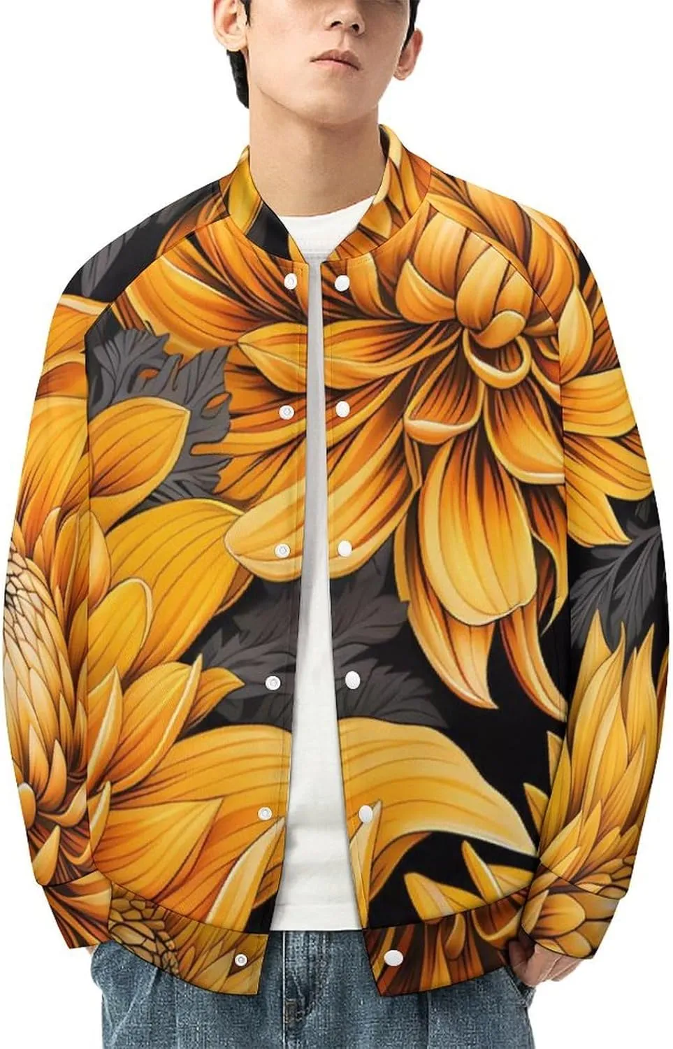 Yellow Purse Dahlias Men's Baseball Bomber Jacket Lightweight Casual Streetwear Button Down Coats with Pocket